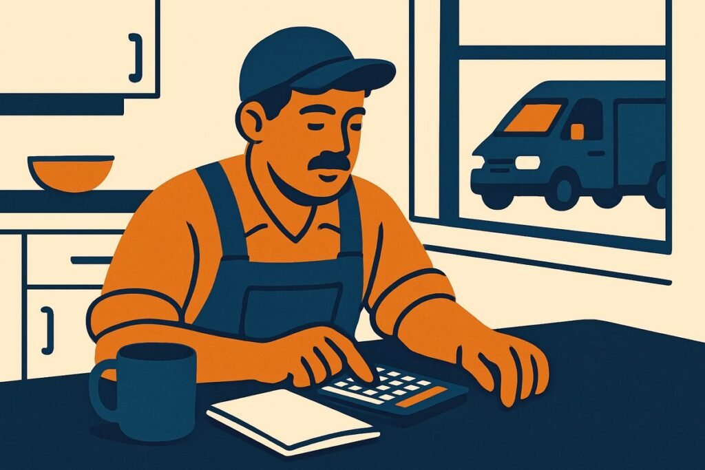 Trabajador de oficio sentado en la cocina haciendo cuentas con una calculadora al final del dia, con su camioneta de trabajo al fondo