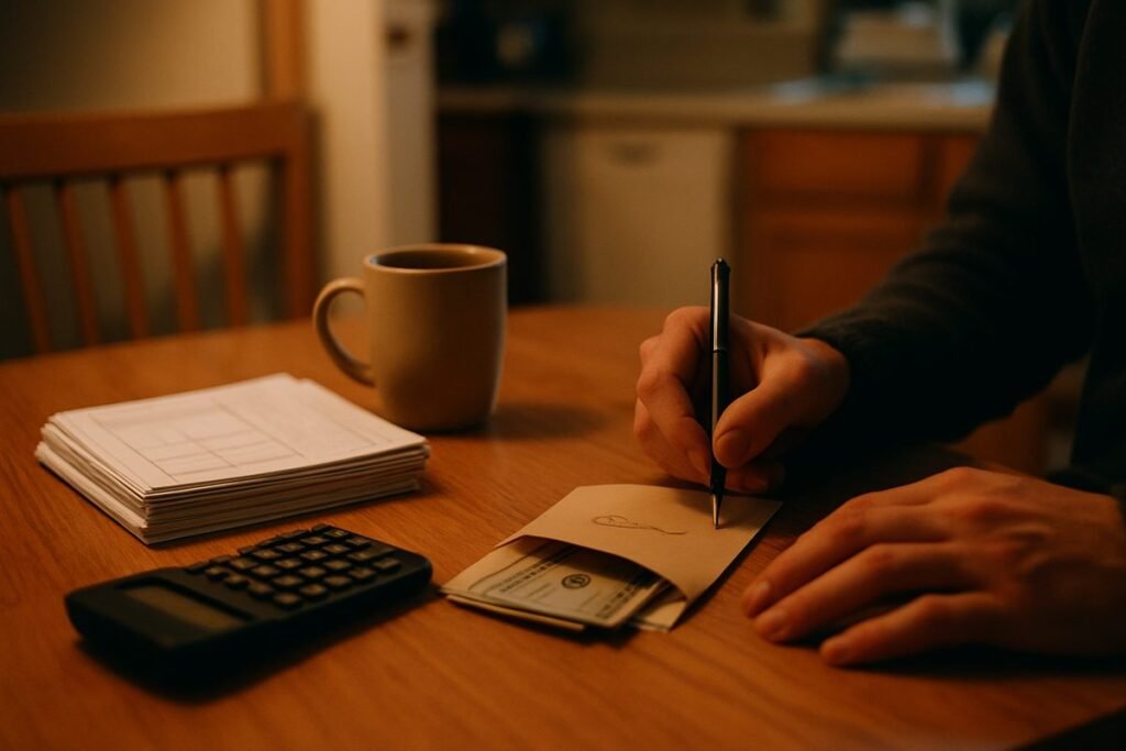 Manos separando billetes en dos montones sobre un escritorio y guardando una parte en un frasco