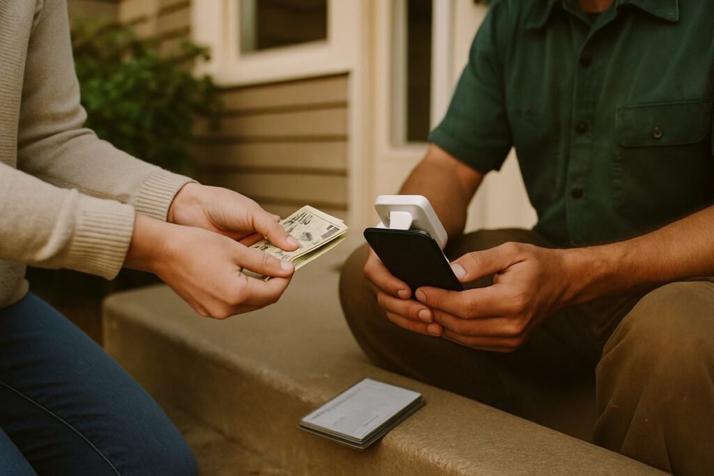 Cliente pagando con tarjeta en un lector conectado al telefono, con una caja de herramientas en el
