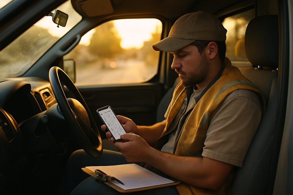 Trabajador revisando su agenda en el teléfono dentro de su camioneta de trabajo