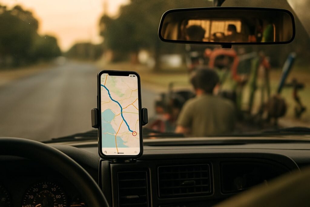 Teléfono con un mapa de rutas montado en el tablero de una camioneta de trabajo