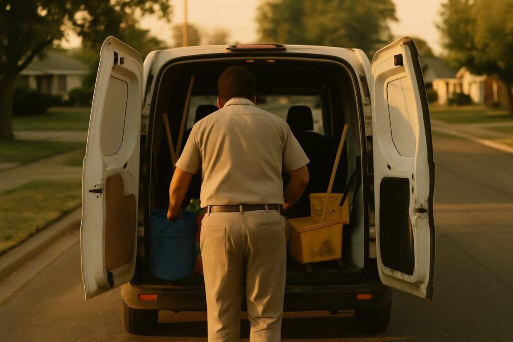 Trabajadora de limpieza cargando sus productos en una camioneta al amanecer en una calle residencial