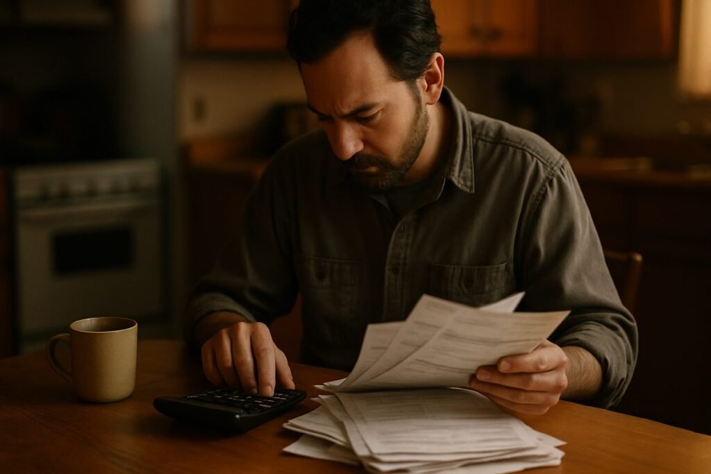 Trabajador revisando facturas sin pagar sobre la mesa de la cocina