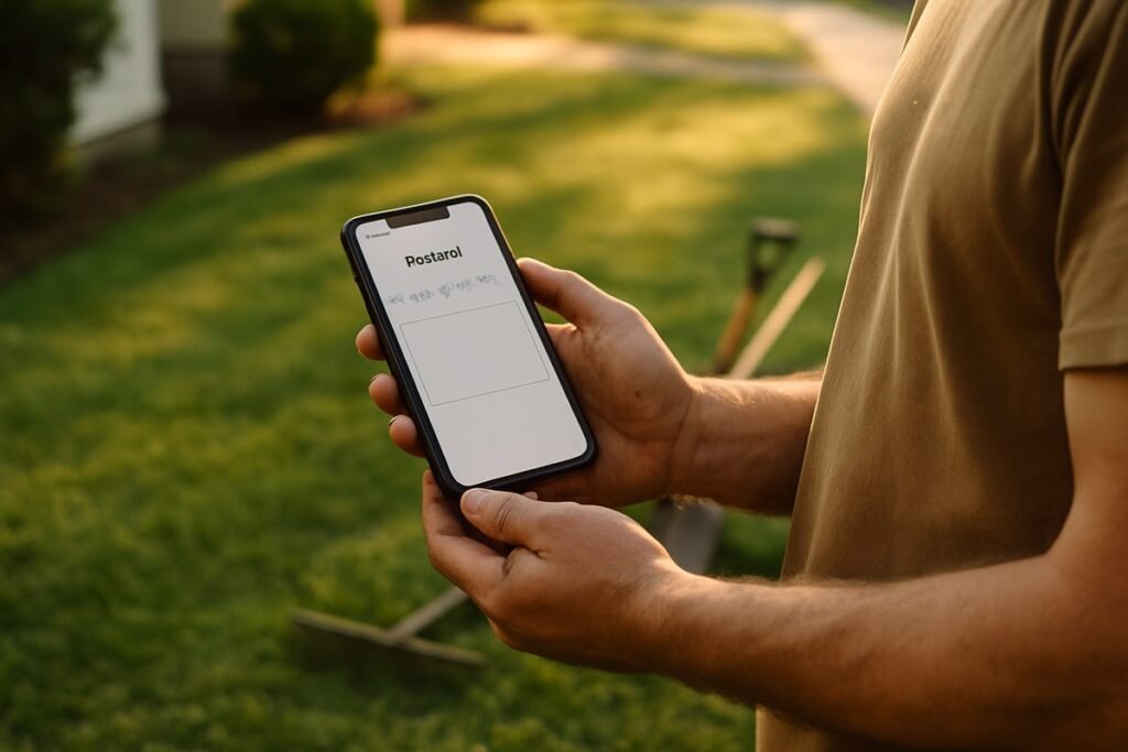 Manos sosteniendo un teléfono junto a un jardín recién cortado