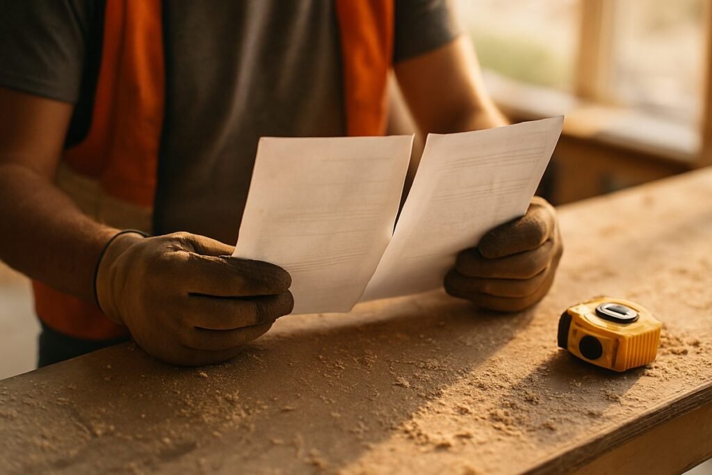 Manos con guantes sosteniendo dos documentos sobre un banco de trabajo