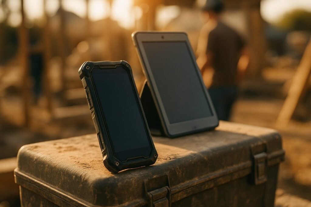 Teléfono resistente y tablet sobre una caja de herramientas en una obra