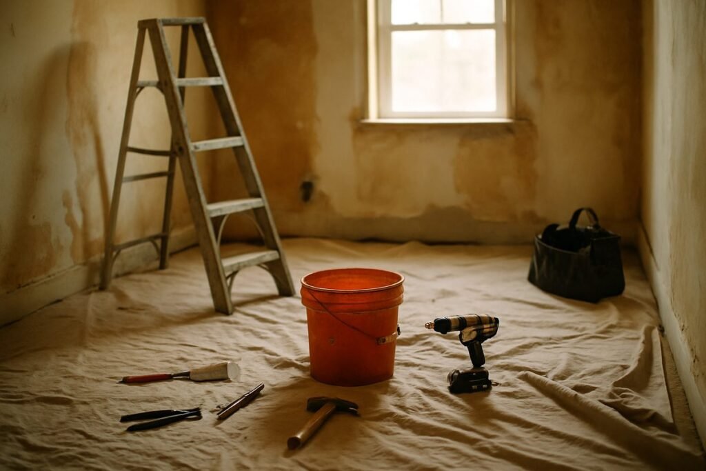 Habitación a medio renovar con las herramientas apoyadas y el suelo cubierto