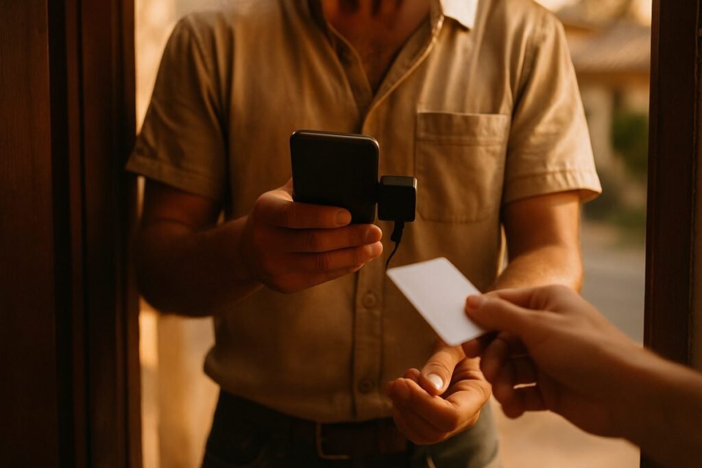 Lector de tarjetas conectado a un teléfono mientras un cliente paga en la puerta