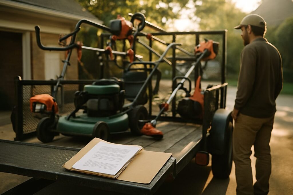 Equipo de jardinería ordenado en un remolque junto a una carpeta de papeles