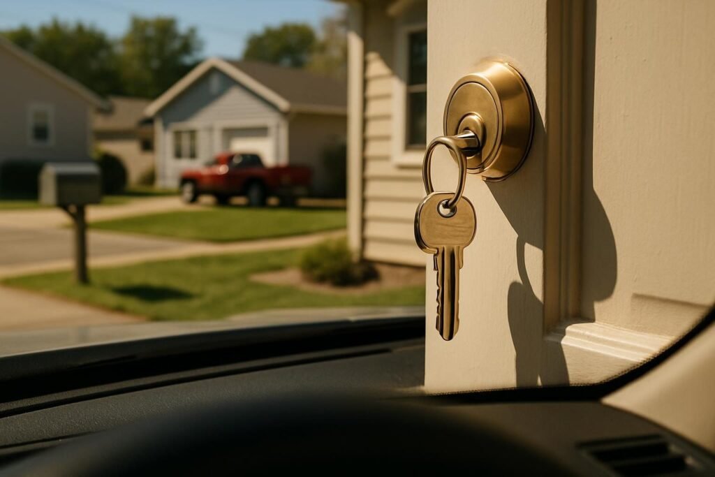 Un juego de llaves de casa colgando de una cerradura recién instalada