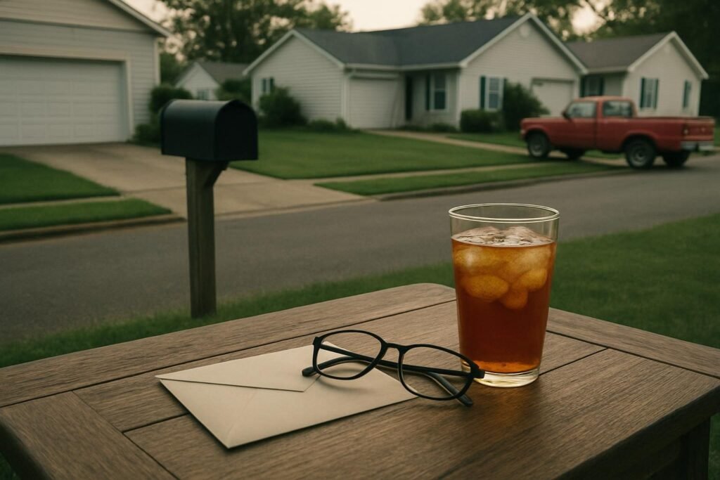 Una mesa de porche de madera con un sobre cerrado, unas gafas de leer y un vaso de te helado