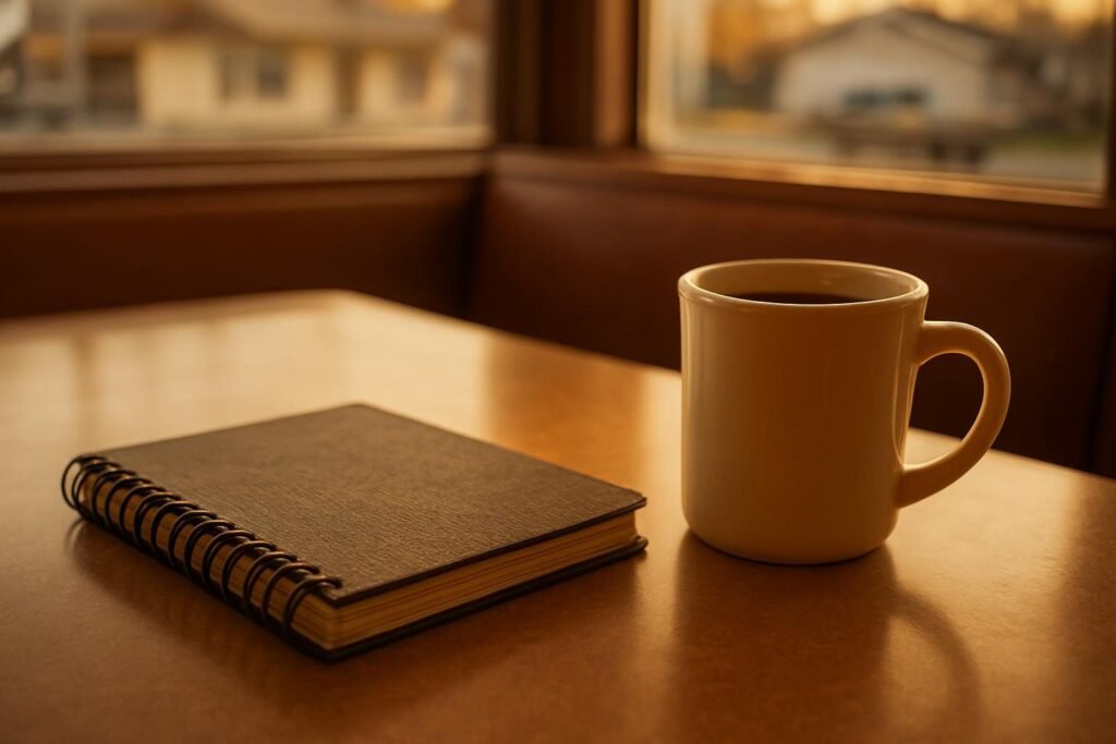 Una libreta de espiral cerrada al lado de un vaso de cafe en la mesa de un diner