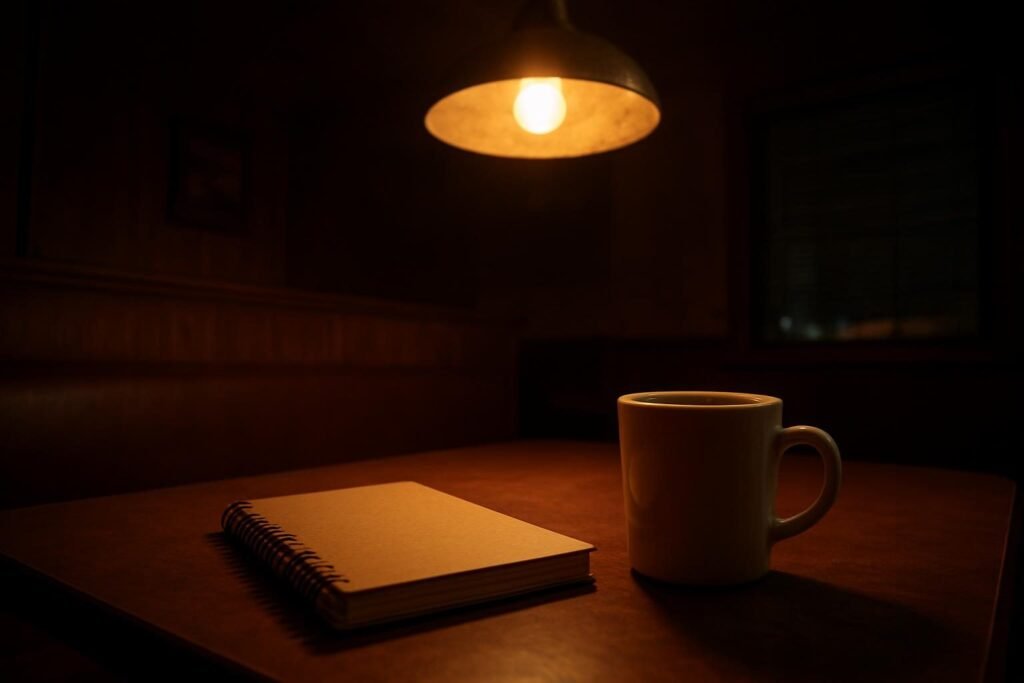 Una libreta de espiral cerrada al lado de un vaso de cafe en la mesa de un diner