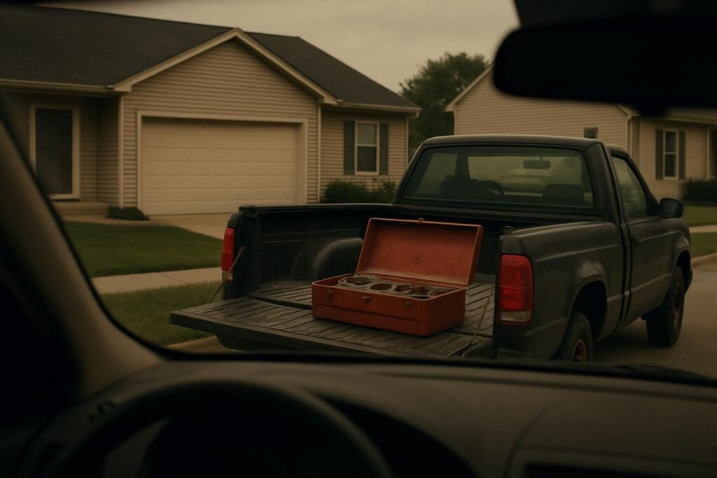 La caja de herramientas abierta en la plataforma de una pickup