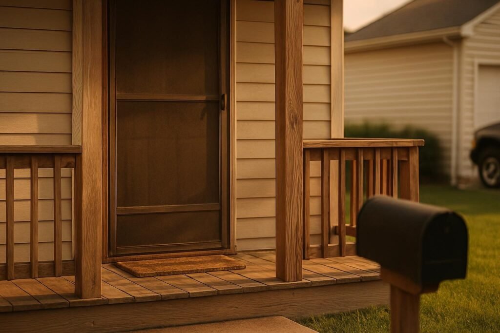 Un porche de madera con la puerta. Cuanto cobrar por limpiar ventanas: guía para fijar precios