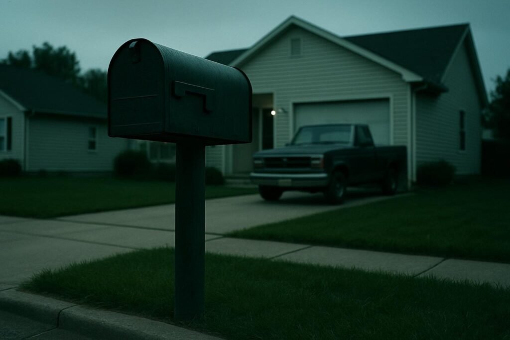 El buzón metálico en su poste, en la acera, delante de una casa suburbana
