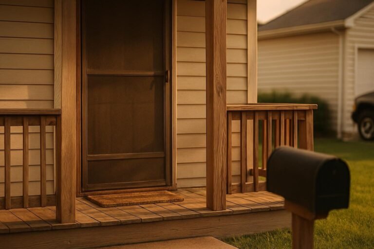 Un porche de madera con la puerta. Cuanto cobrar por limpiar ventanas: guía para fijar precios