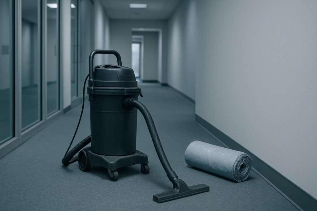 Una aspiradora industrial y un rollo de bolsas en un pasillo vacío