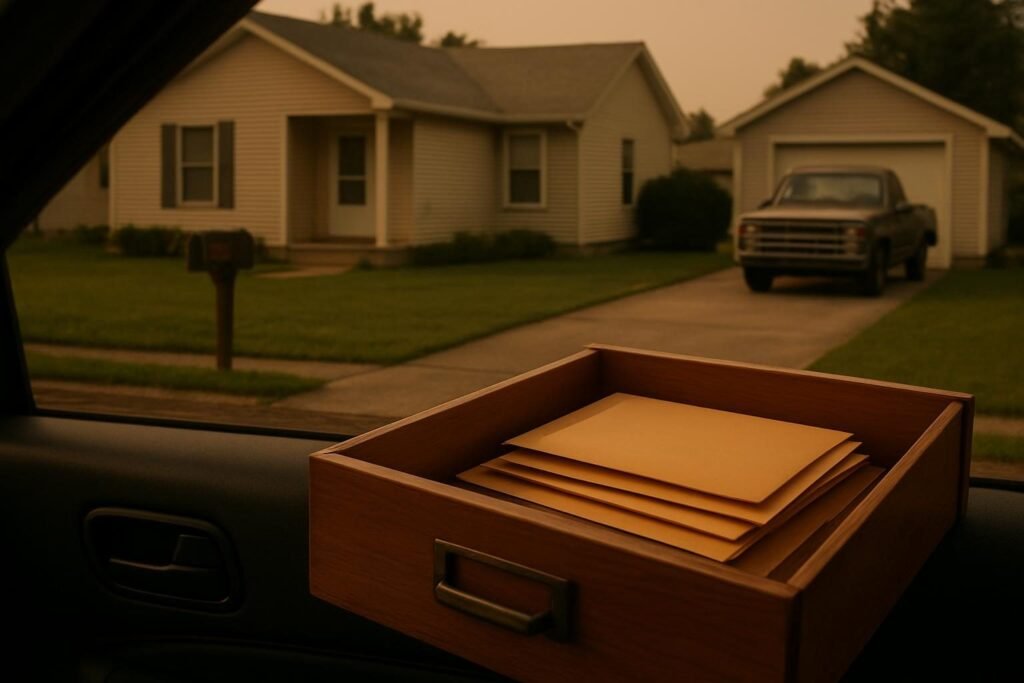 Un cajon de escritorio abierto con sobres y clips ordenados por tamano