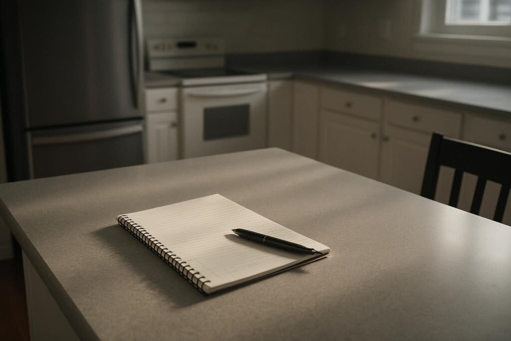 Una mesa de cocina americana con una libreta de recibos y un bolígrafo