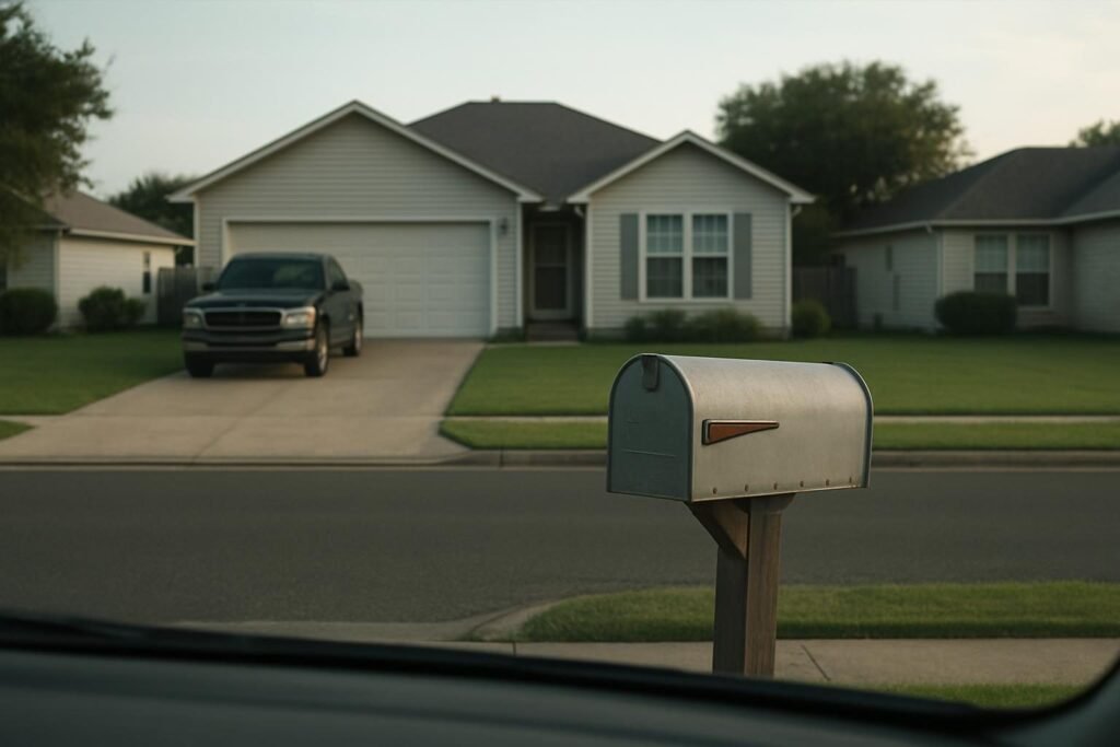 El buzón metálico en su poste, en la acera, delante de una casa suburbana