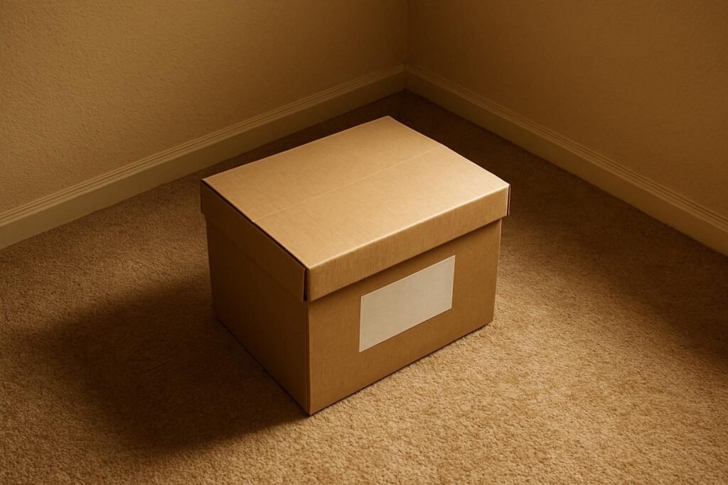 Una caja de archivo de carton cerrada con la etiqueta en blanco, en el rincon de un cuarto