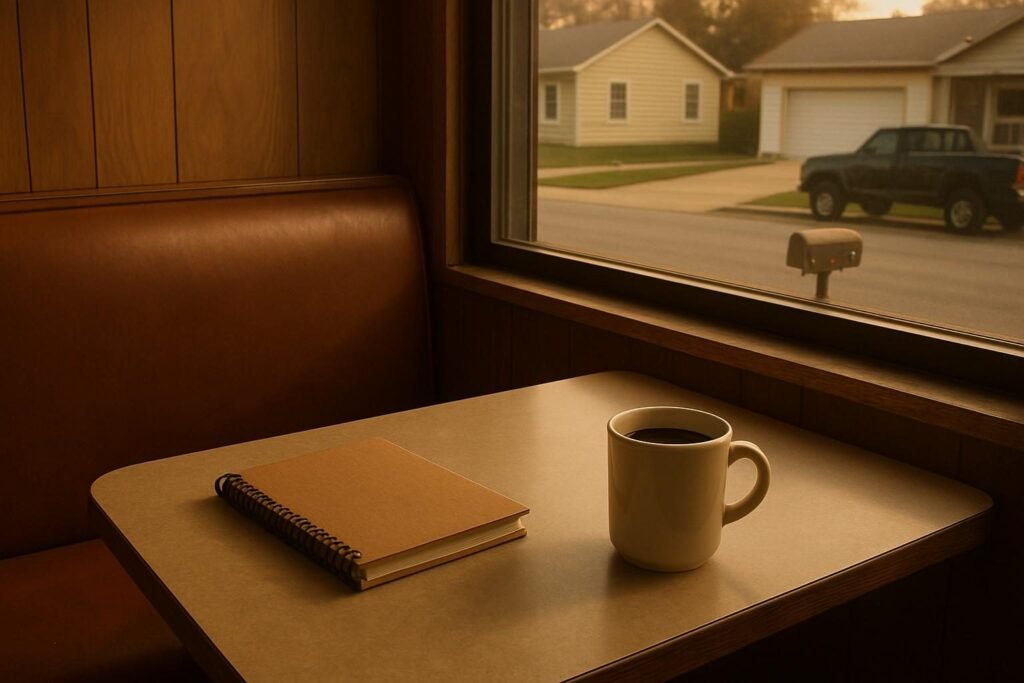 Una libreta de espiral cerrada al lado de un vaso de cafe en la mesa de un diner