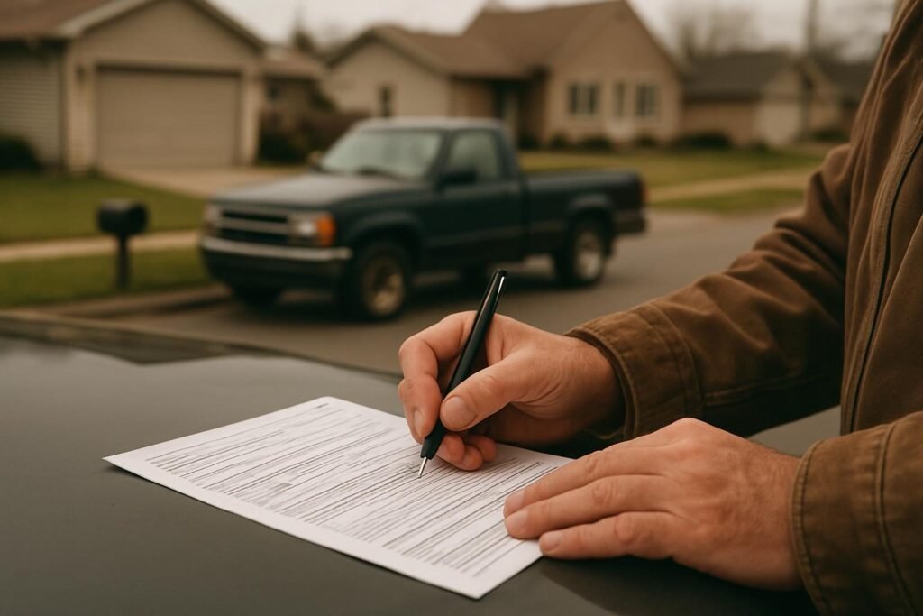 Las manos de alguien rellenando un formulario encima del capó de una camioneta
