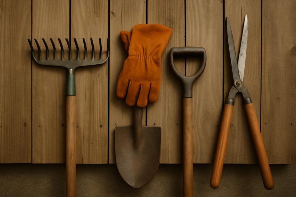 Herramientas de jardinería apoyadas en una valla de madera