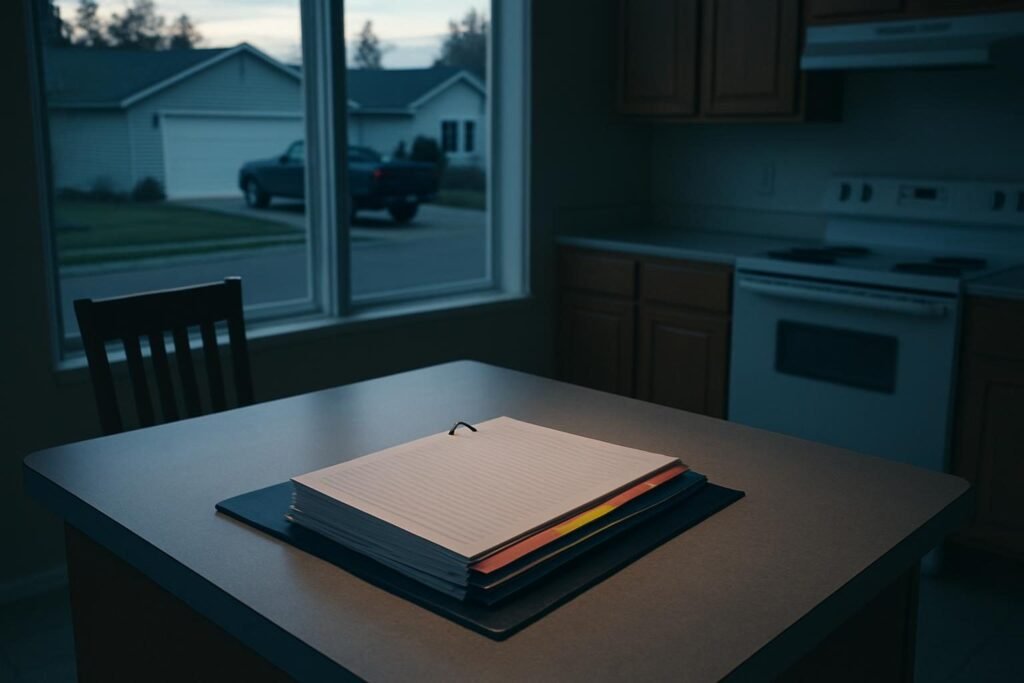Una carpeta de archivador abierta sobre la mesa de la cocina, con separadores de colores
