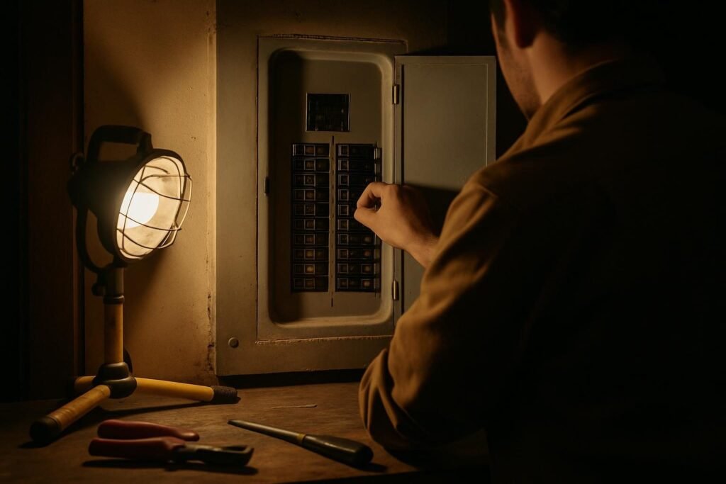 El panel eléctrico abierto de una casa, con los breakers a la vista. Guía para la licencia de