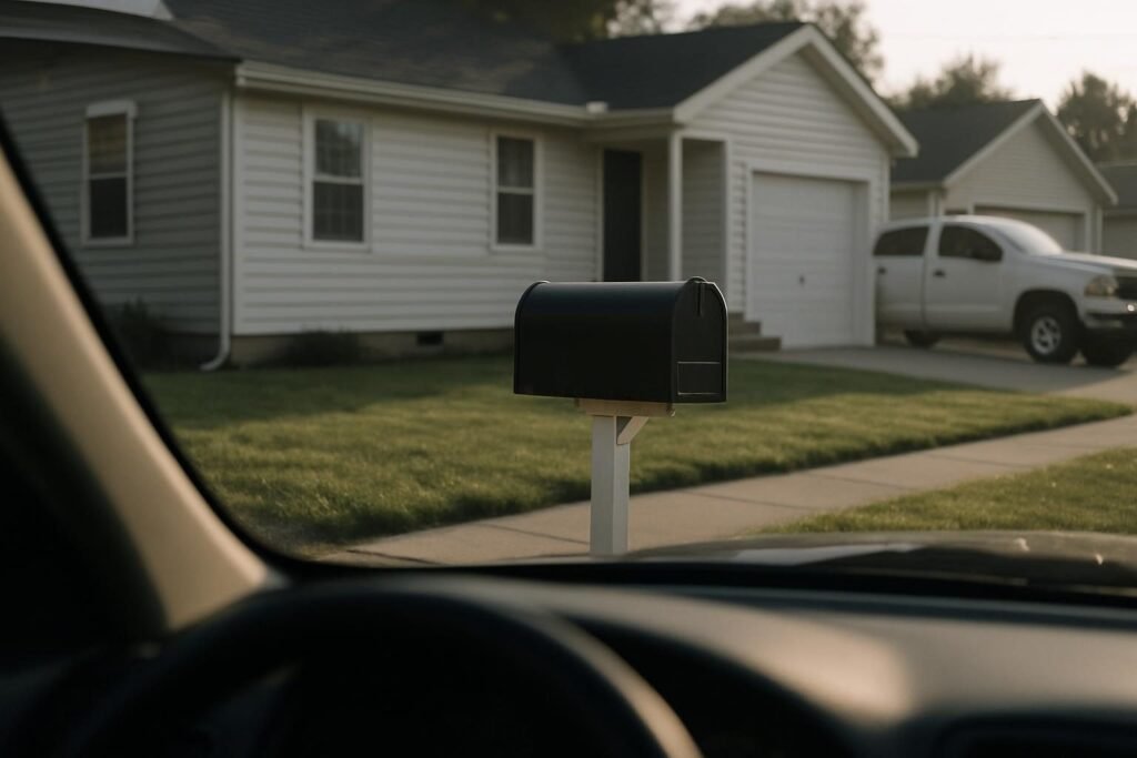 El buzón metálico en su poste, en la acera, delante de una casa suburbana