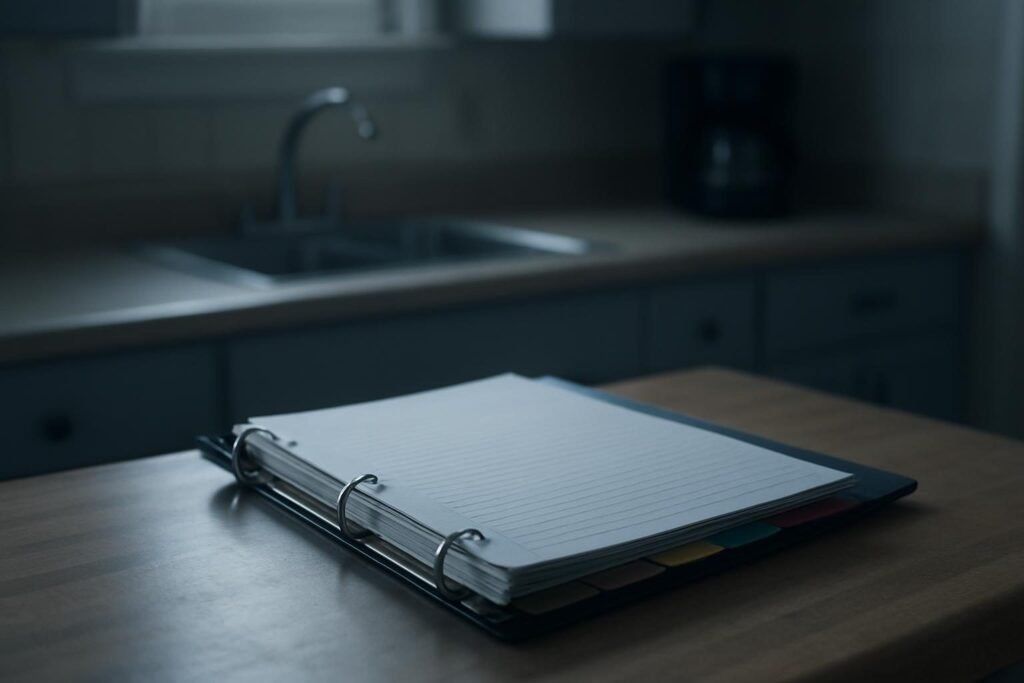 Una carpeta de archivador abierta sobre la mesa de la cocina, con separadores de colores