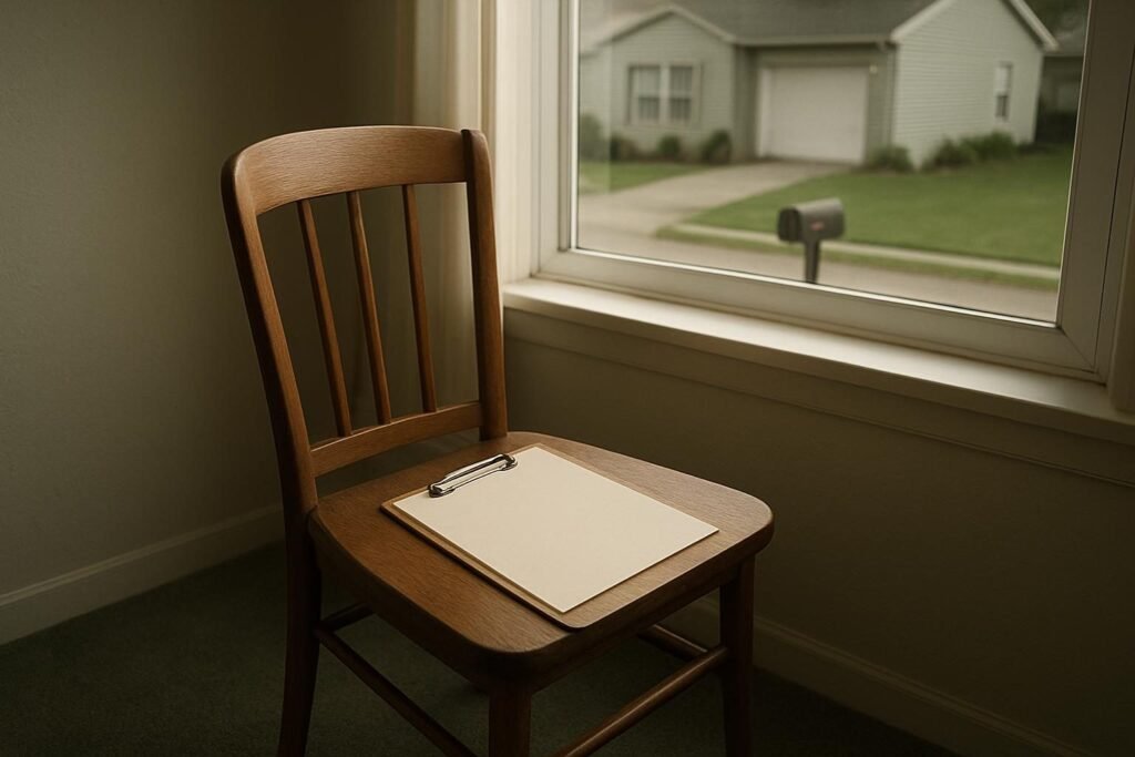 Una silla de cocina con una carpeta de pinza encima y la luz entrando por la ventana