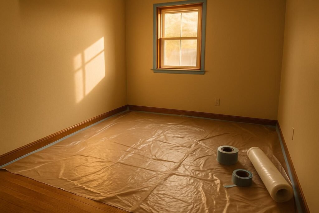 Cinta de pintor y plásticos cubriendo el suelo de una habitación vacía