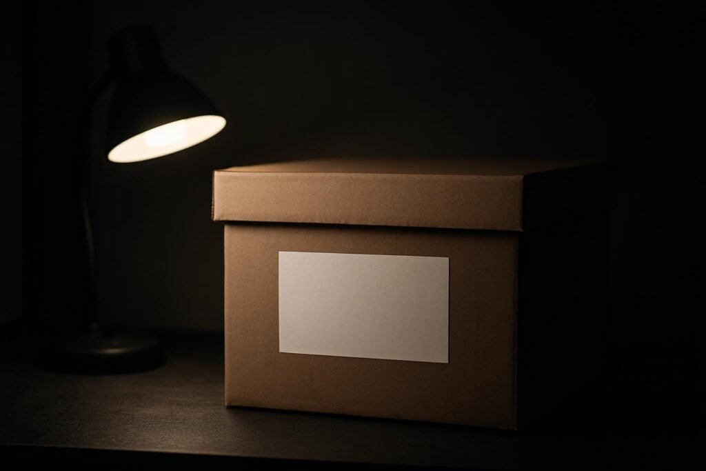 Una caja de archivo de carton cerrada con la etiqueta en blanco, en el rincon de un cuarto