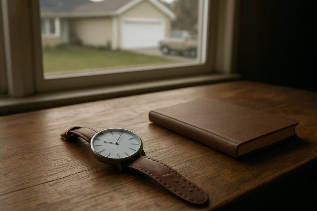 Reloj de pulsera de esfera lisa y una libreta cerrada sobre una mesa de madera, junto a la ventana