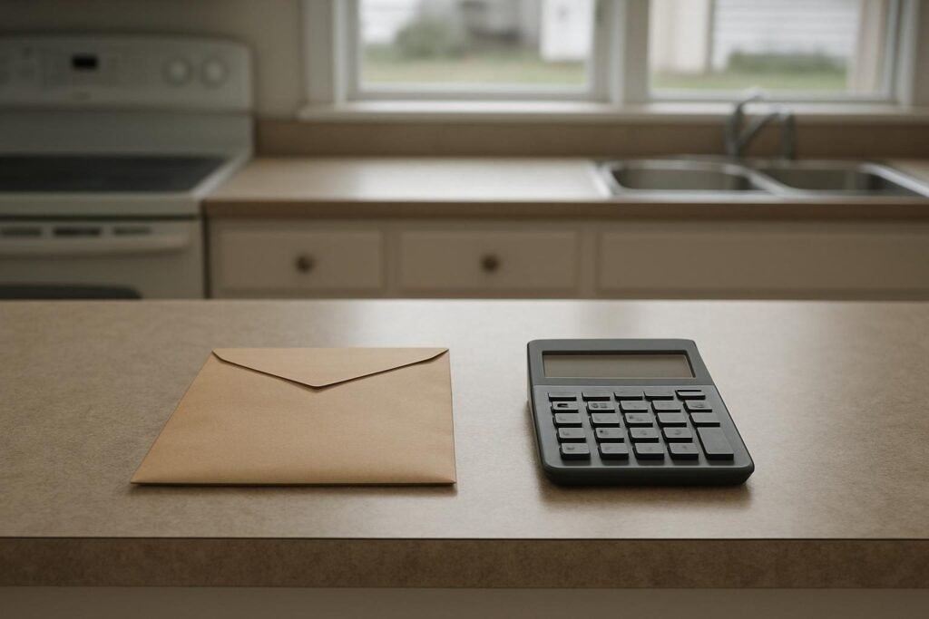 Sobre de papel manila y una calculadora, uno al lado del otro sobre la encimera de la cocina