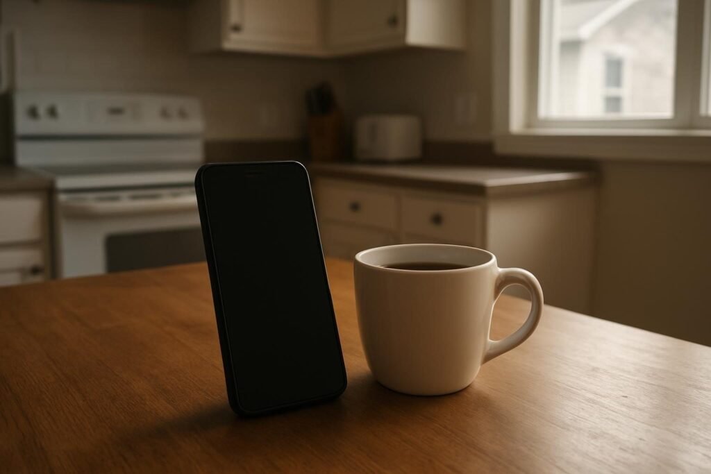 Teléfono con la pantalla apagada apoyado en una taza de café, sobre la mesa de la cocina
