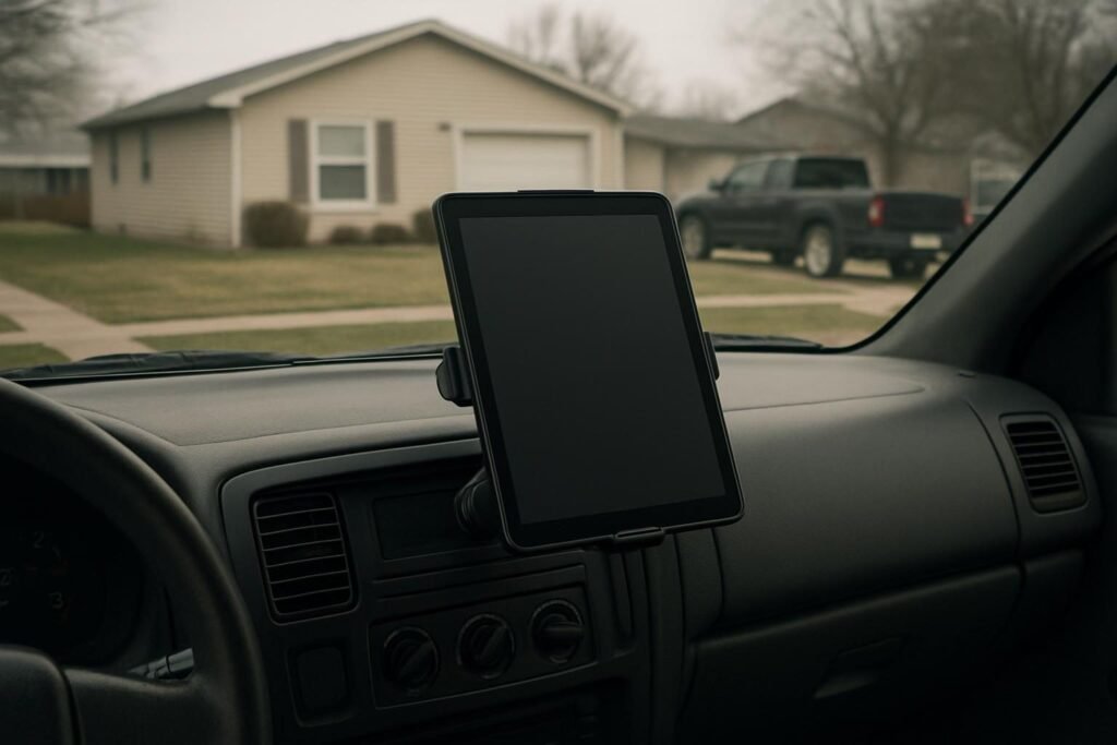 Tablet apagada en un soporte del salpicadero de una camioneta, frente a una casa