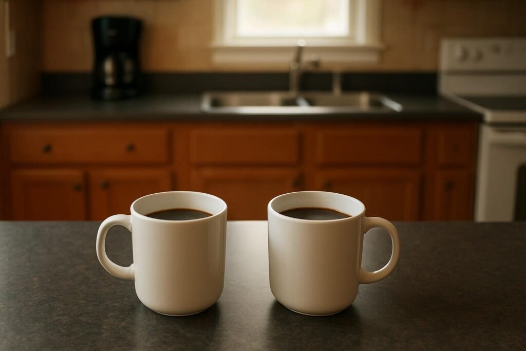 Dos tazas de café enfrentadas sobre la mesa de una cocina, sin nadie alrededor