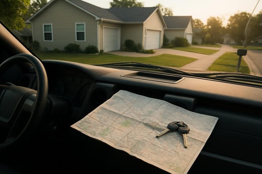 Mapa de papel doblado y un juego de llaves sobre el salpicadero de una camioneta