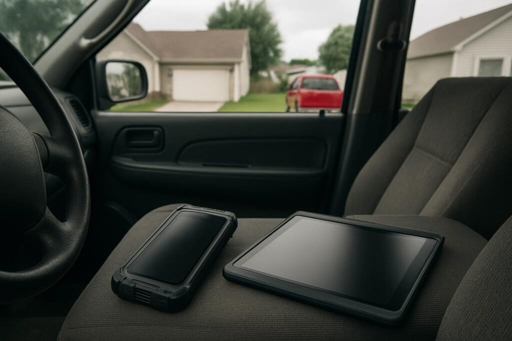 Teléfono con funda reforzada y una tablet, los dos apagados, sobre el asiento de una camioneta