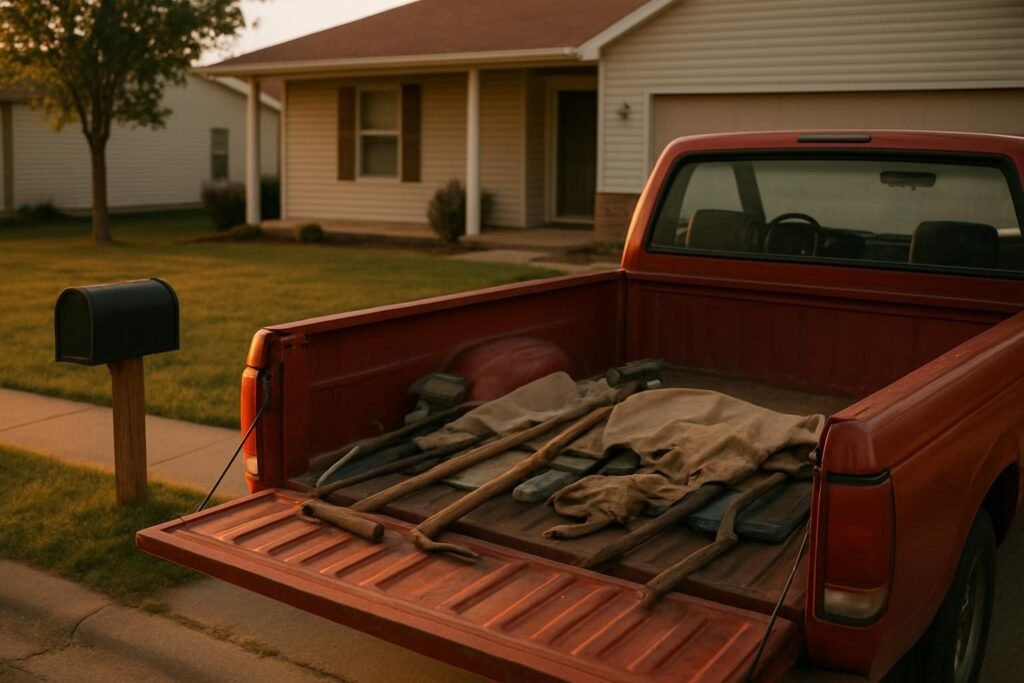 Herramientas de mango largo y una lona en la plataforma abierta de una pickup, al atardecer