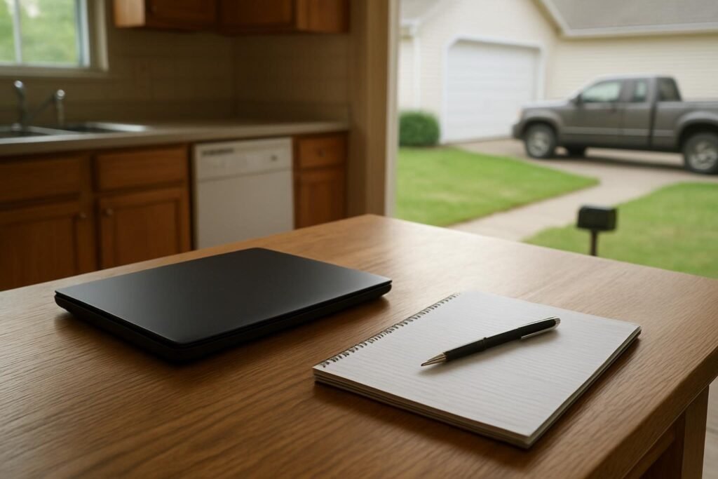 Portátil cerrado junto a una libreta y un bolígrafo sobre la mesa de una cocina