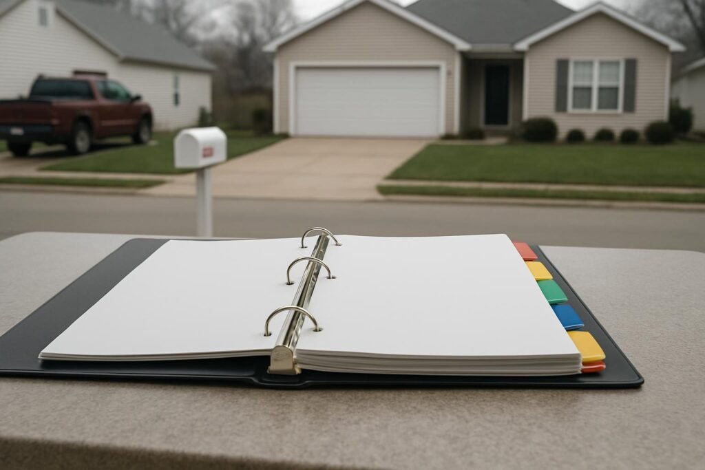 Carpeta de archivador abierta, con separadores de colores y las hojas en blanco
