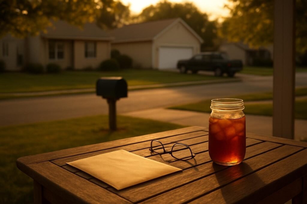 Una mesa de porche de madera con un sobre cerrado, unas gafas de leer y un vaso de te helado