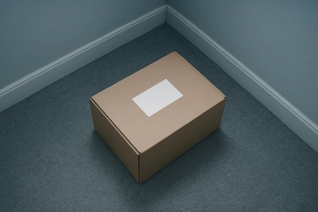 Una caja de archivo de carton cerrada con la etiqueta en blanco, en el rincon de un cuarto