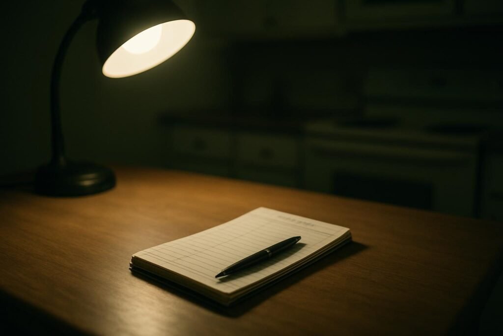 Una mesa de cocina americana con una libreta de recibos y un bolígrafo