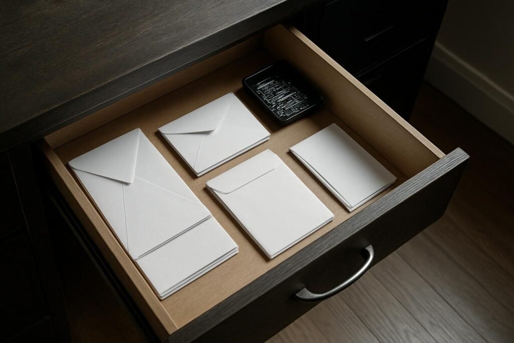 Un cajon de escritorio abierto con sobres y clips ordenados por tamano